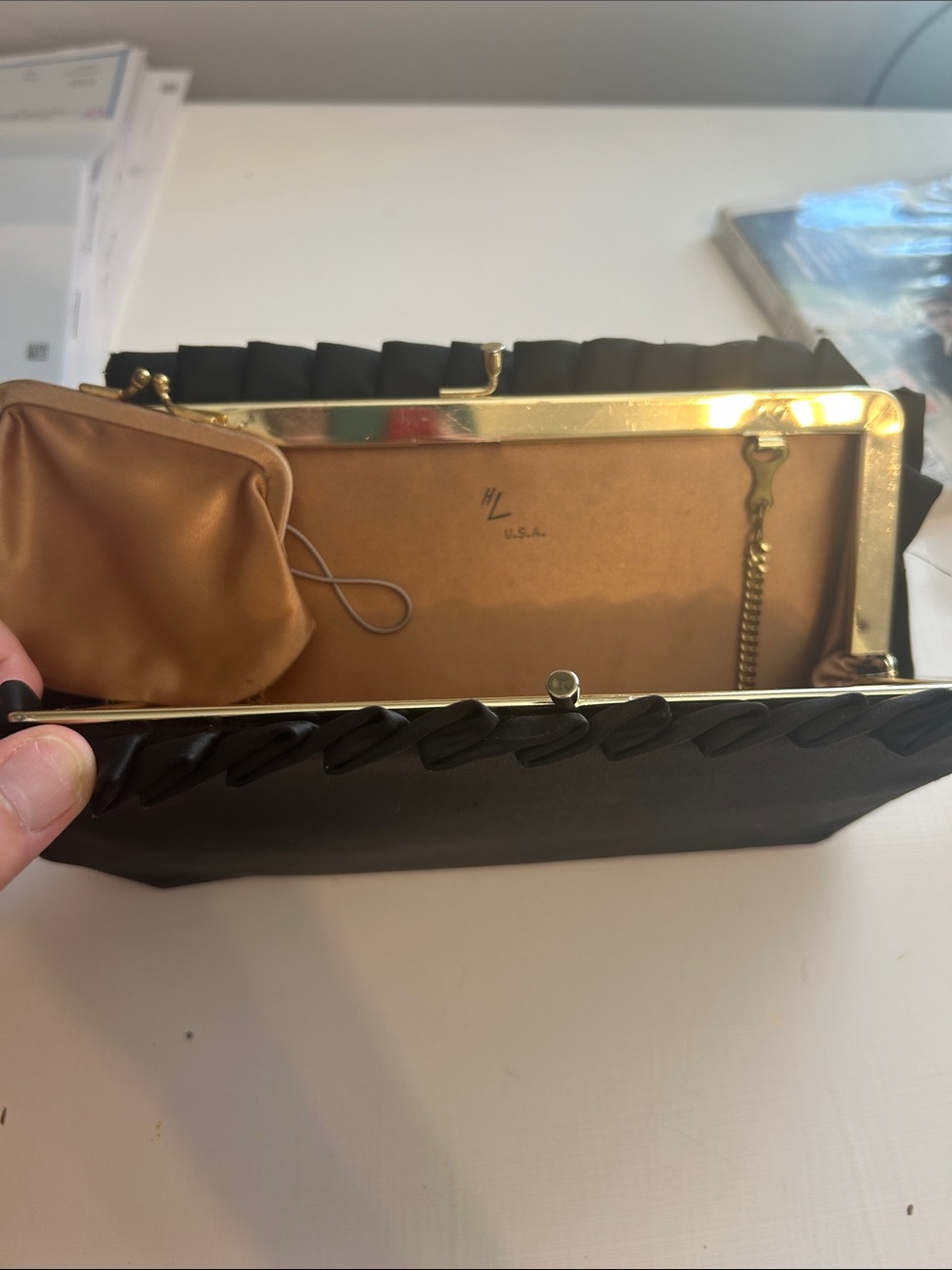 Vintage Black Satin Kiss-Lock Clutch with Gold Frame and Coin Purse